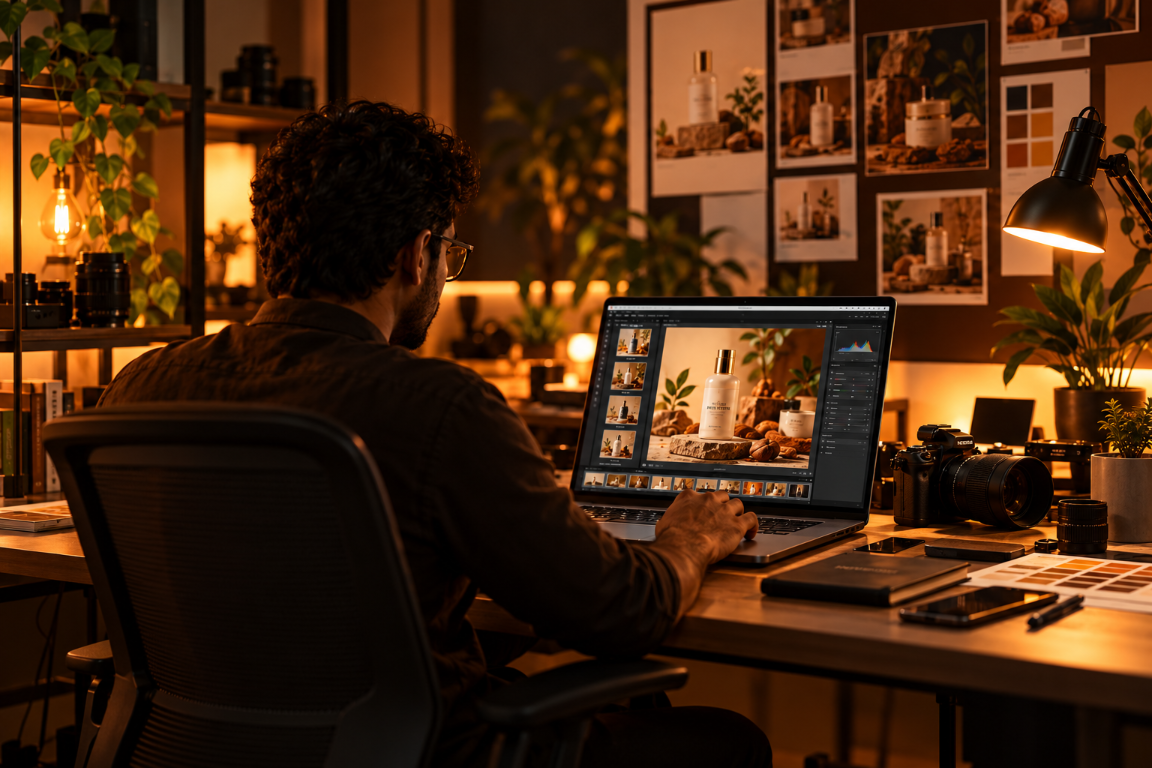 Creative professional editing product photography at a computer in a warm studio workspace.